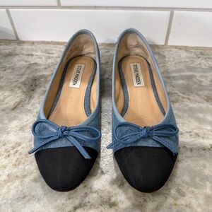 Steve Madden Ellison Denim Blue Black Cap Toe Bow Ballet Flats Size 6